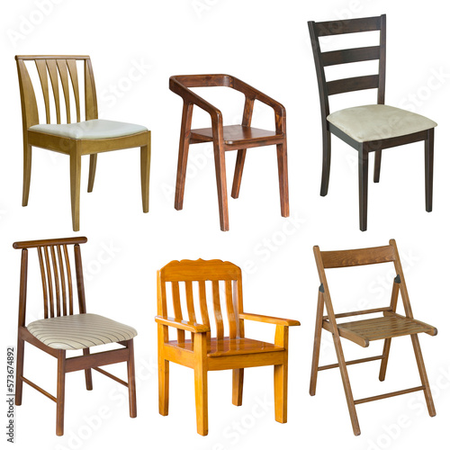 set of wooden chair isolated with clipping path