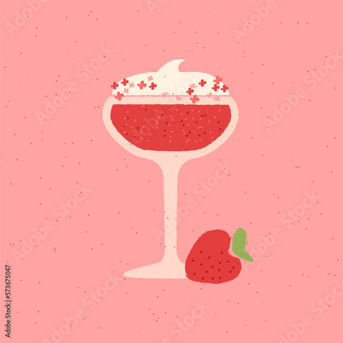 Cocktail drink glass. Alcohol with cream and grapefruit. Pina colada with citrus fruit. Non-alcoholic drink for event. Flat vector illustration with texture. Minimalist retro drink poster