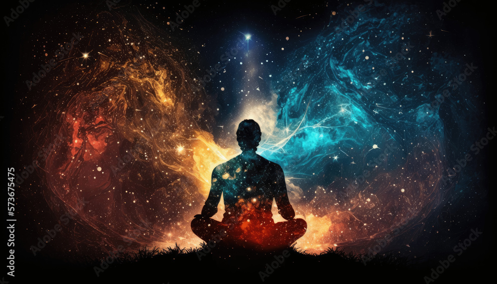 A person sits in meditation, their mind a canvas for a resplendent galaxy that shines brilliantly, representing the vast and limitless nature of our inner cosmos. Generative AI