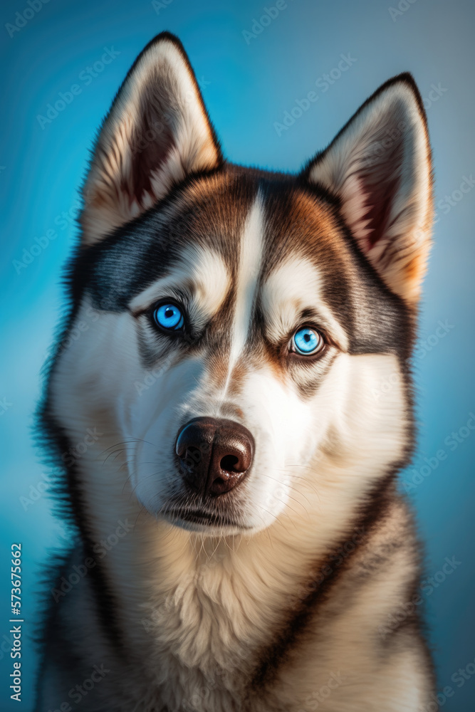 A miniature Siberian Husky stares into the camera, its blue eyes shining against a vivid backdrop of their furs signature color. Formatted for a book cover usage.