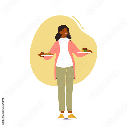 Pregnant Woman Making Choice Between Healthy And Unhealthy Meals Standing In Kitchen With Two Plates