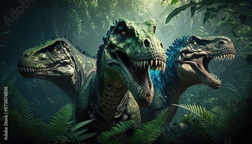 Three furious tyrannosaurus rex dinosaurs in a prehistoric jungle. Generative AI © Adriana