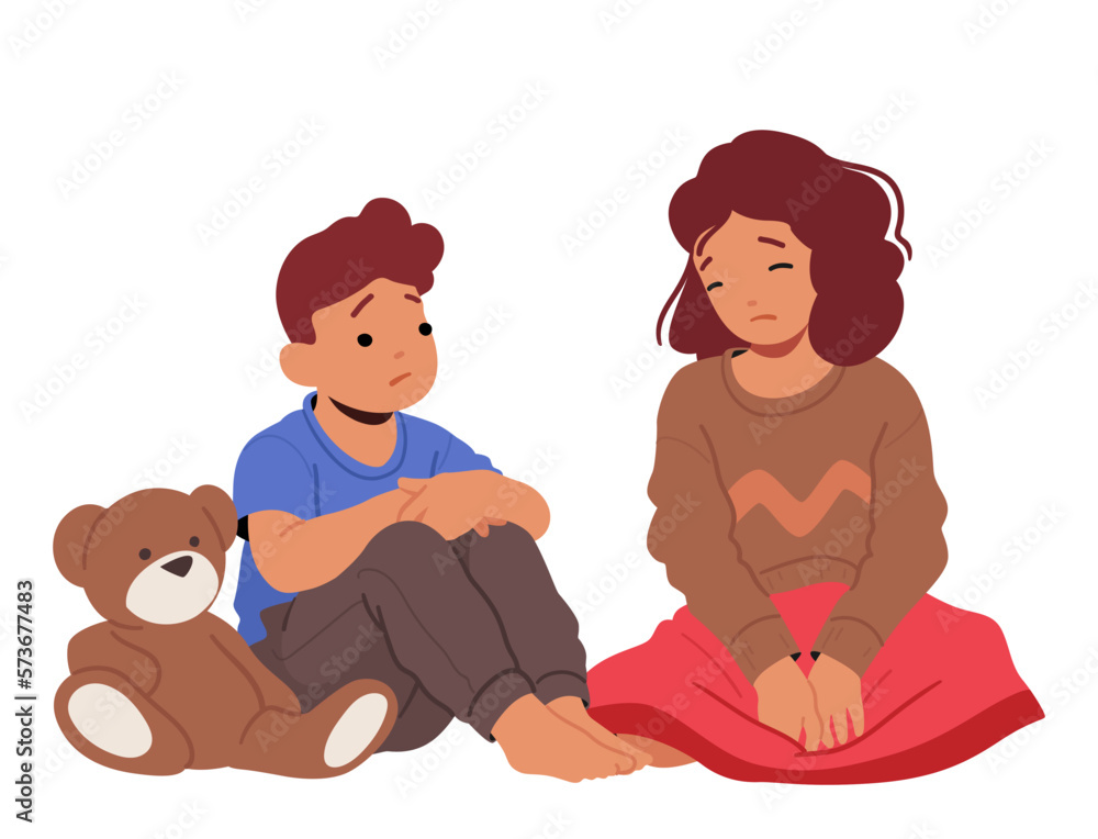 Dejected And Sorrowful Children Sitting On Floor Conveying Sense Of Emotional Distress And Unhappiness. Sad Boy and Girl Dejected And Sorrowful Children Sitting On Floor Conveying Sense Of Emotional Distress And Unhappiness. Sad Boy and Girl