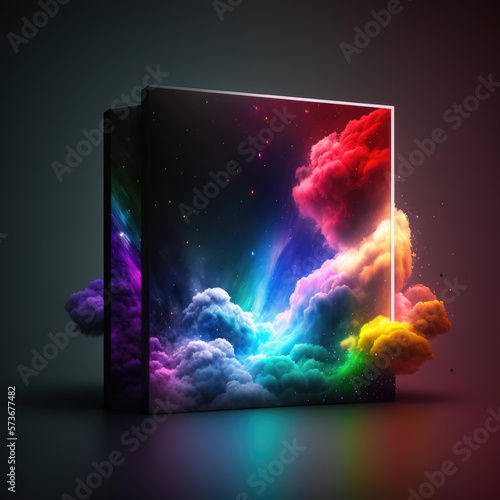 rainbow of colors and a sky of stars background for cosmetic products, mock up pedestal. AI generation.