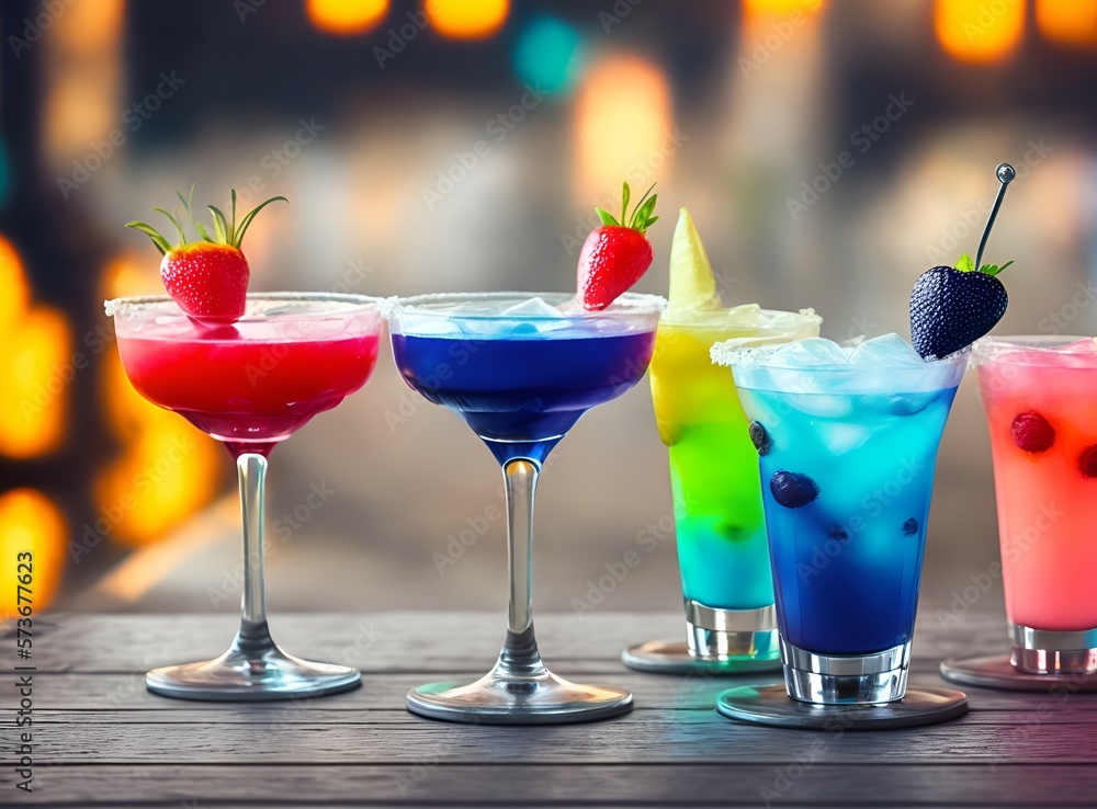 Cocktail drinks on a bar with bokeh background. AI Generative Illustrations