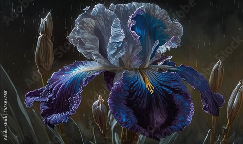  a painting of a blue and purple flower in the rain.  generative ai