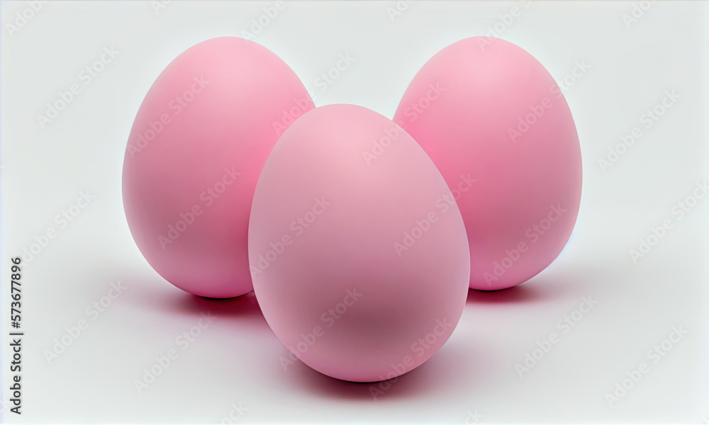 Three pink eggs on a white background, happy Easter, generative AI Three pink eggs on a white background, happy Easter, generative AI