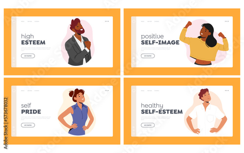 Confident People Landing Page Template Set. Male and Female Characters Exude Confidence And Self-assuredness