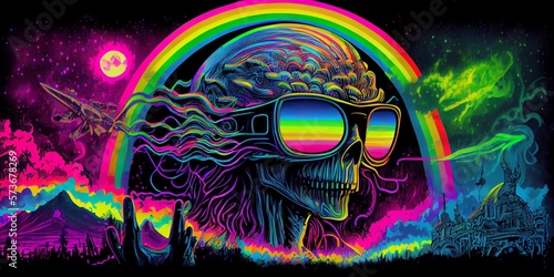 Psychedelic trippy alien cartoon 70s, rave style, acid color. Retrowave concept. AI Generative