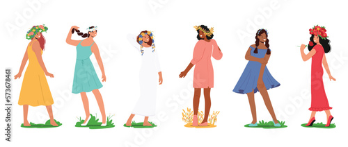 Set Of Young Women With Floral Crowns On Their Heads. Isolated Female Characters Wear Nice Summertime Dresses
