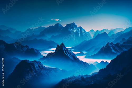 Foggy mountain landscape with a blue hue. Created with Generative AI technology. © Yuliia