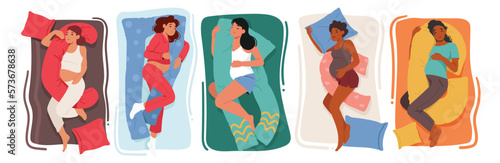 Set of Expectant Mother Characters Sleeping Soundly With Specialized Pregnancy Cushion To Ensure Comfortable Rest