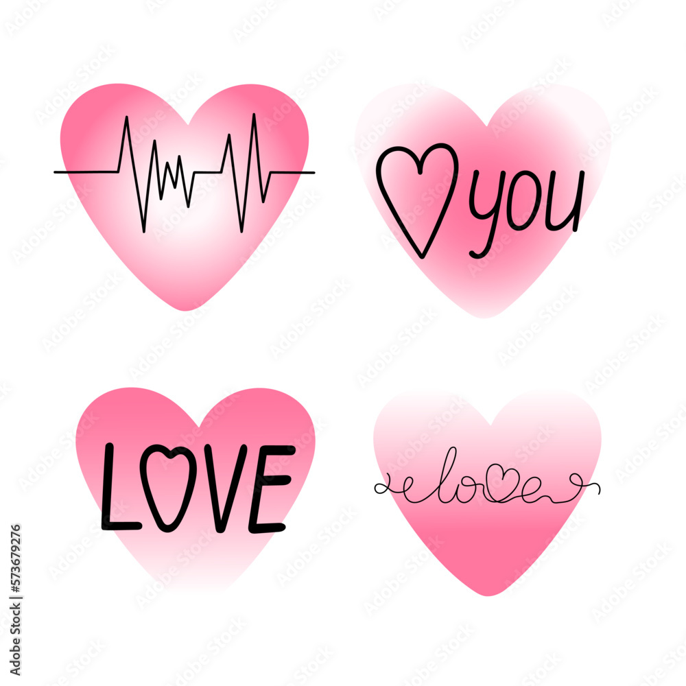 Pink blurred hearts set with lettering y2k aura gradient minimalist vector illustration, symbol of love, St Valentine's holiday for greeting card, social media, poster, banner, wedding concept