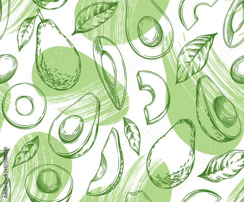 Seamless pattern with avocado. Healthy vegan food. Vector monochrome hand drawn illustration.