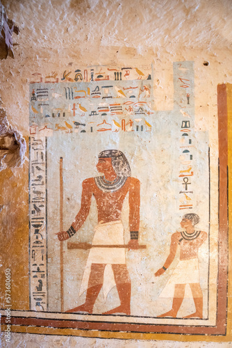 Aswan, Egypt; February 18, 2023 - Frescoes in the Tombs of Mekhu and Sabni in Aswan, Egypt.