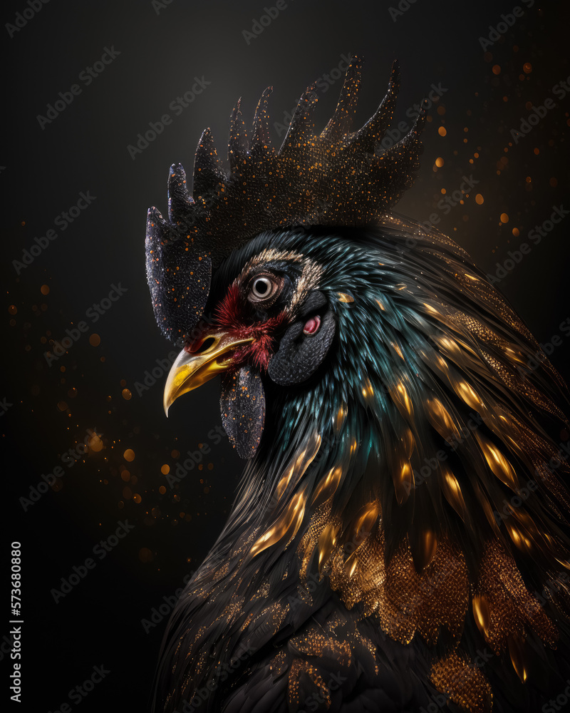 Black rooster with golden sparkles on a dark background. Generative AI.	