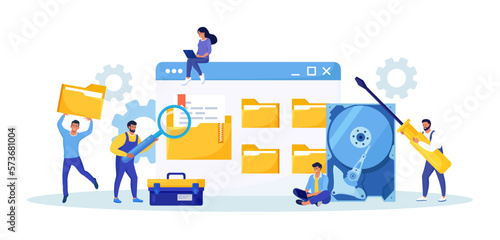 Data recovery service, data storage backup. People in worker uniform repairing HDD. Hardware hard disk repair. Restoration process and protection documents. Transfer digital database to hosted folder