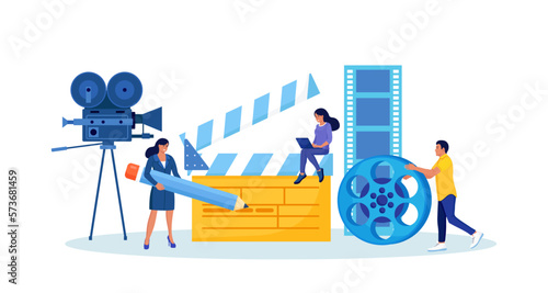 People Recording, Making Movies at Cinema. Shooting Crew Making Films. Movie Director with Megaphone, Clapperboard, Reel. Filming Production Staff, Film Industry. Cinematography Process, Entertainment