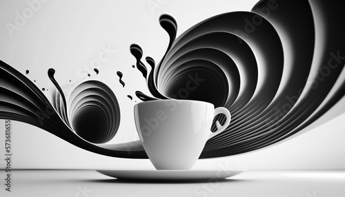 Abstract cup full of expresso coffee with smoke, black and white, in a white background, generative ai