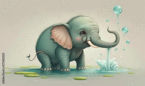  a baby elephant standing in a puddle of water with bubbles coming out of its trunk.  generative ai