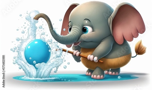  a cartoon elephant playing with a ball and a stick in the water. generative ai