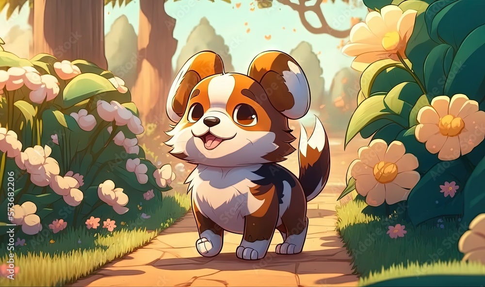 a cartoon dog standing on a path in a forest with flowers. generative ai a cartoon dog standing on a path in a forest with flowers. generative ai