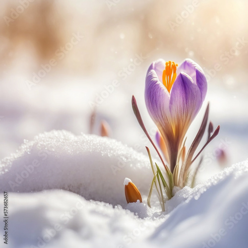 Purple Crocus spring flower growing in snow. Beautiful floral card with brilliant sparkling background. Generative AI