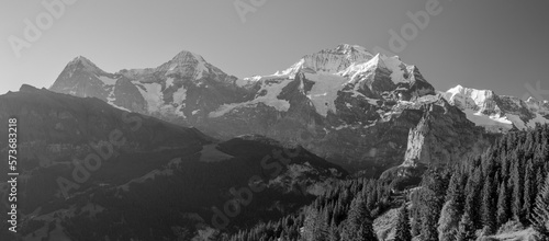 The panorama of Bernese alps with the Jungfrau, Monch and Eiger peaksin the morning light.