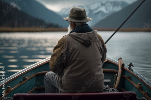 An old man fishing on boat in lake.Back view.Blurred forest and lake background.Created with generative ai