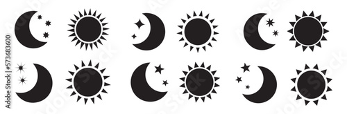Night icon of the moon with stars and sun icon, vector on white background.