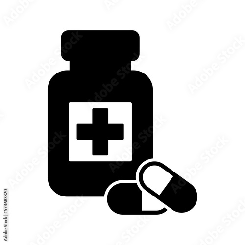 Medicine bottle and pills icon. Black and white icon. Vector illustration.
