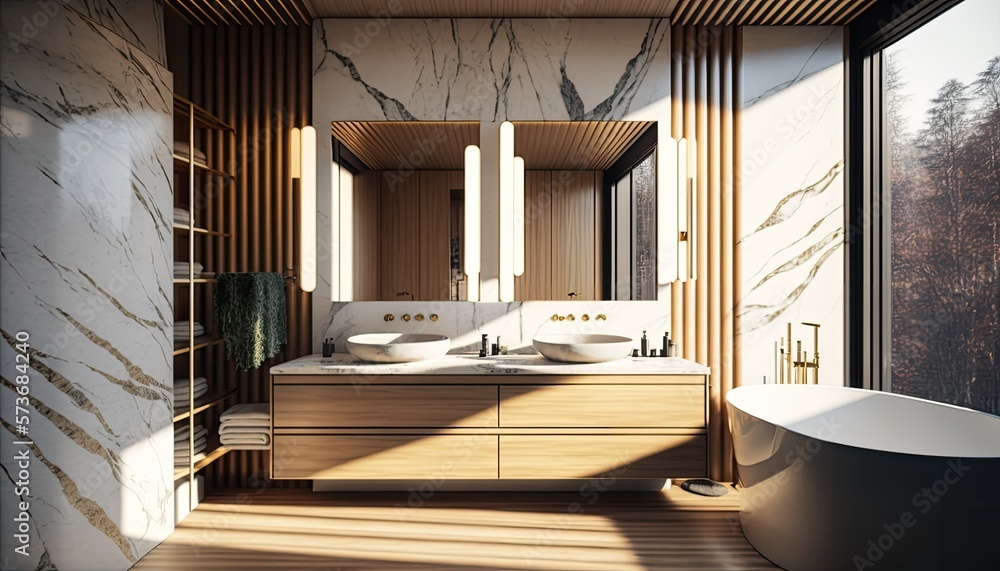 Modern interior, bathroom with bath, wooden wall, marble Modern interior, bathroom with bath, wooden wall, marble