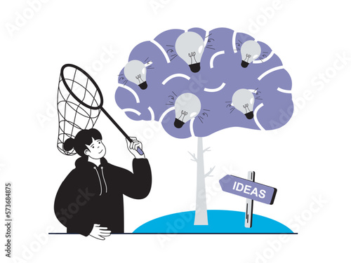 Startup concept with character situation. Woman catching new ideas for business development, brainstorms and finds career opportunities. Vector illustration with people scene in flat design for web