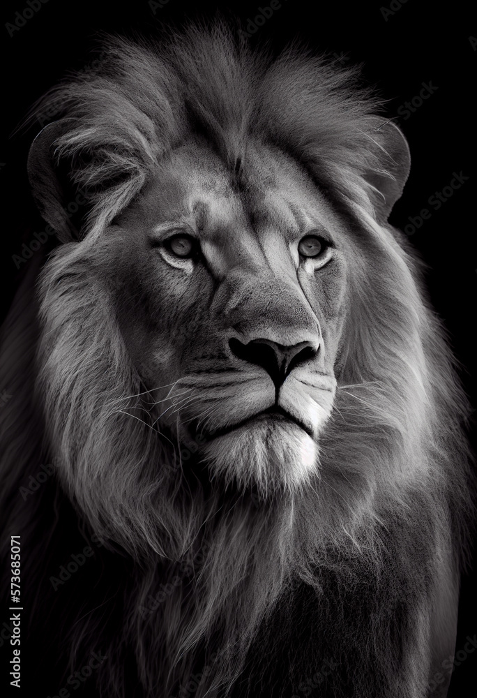 Fototapeta Schwarz weiß Portrait von einem Löwe. Perfektes Wandbild - Generative Ai