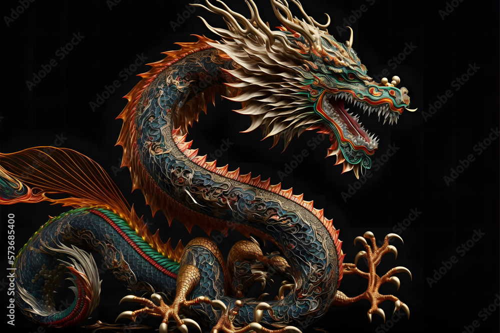 Obraz premium Chinese dragon on black background created with generative AI technology
