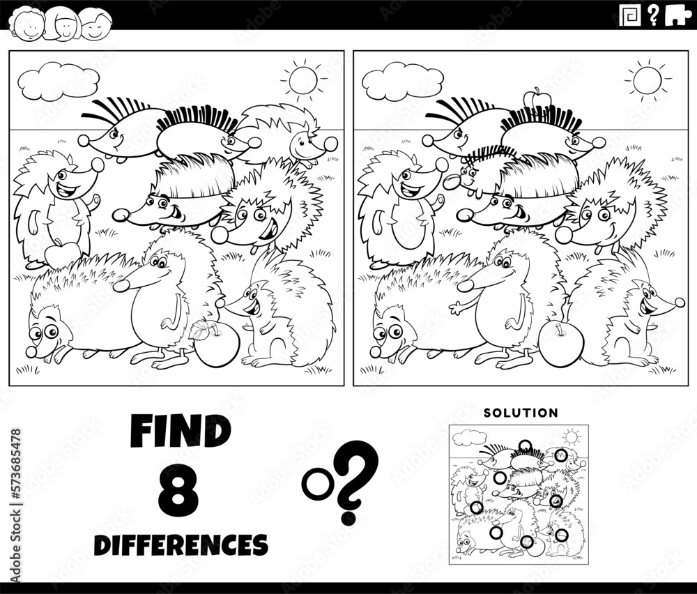 Fototapeta premium differences game with cartoon hedgehogs coloring page