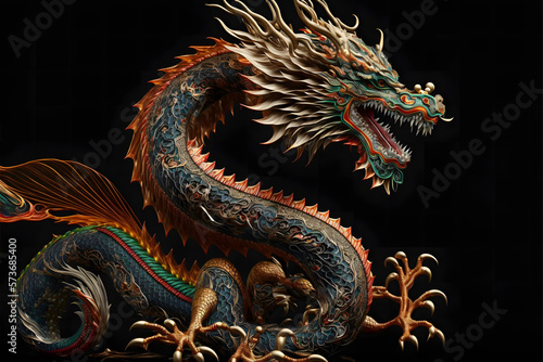 Chinese dragon on black background created with generative AI technology