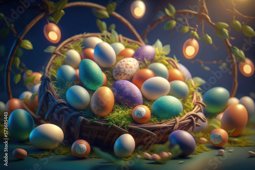 Colorful Happy Easter eggs in basket on table. Generative ai