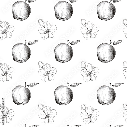 Graphic drawing of apple flowers. Seamless pattern for fabric and scrap paper