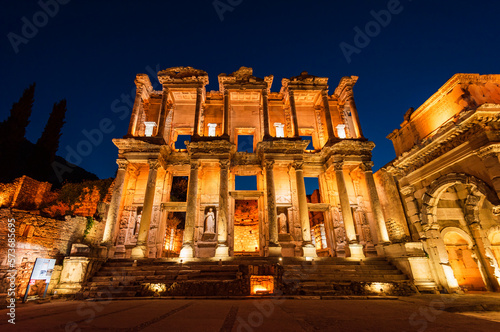 Night view of Ephesus Celsus Library, Turkey