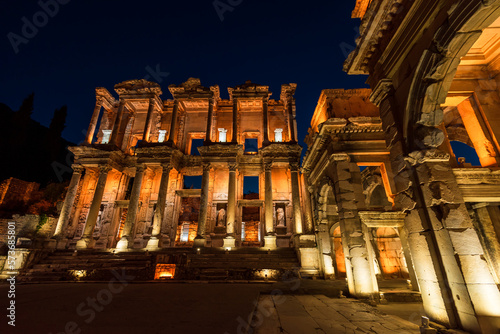 Night view of Ephesus Celsus Library, Turkey