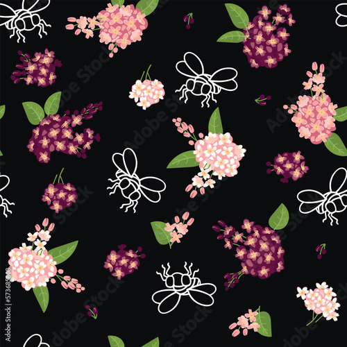 Spring flowers lilac and bees.Floral seamless pattern on black background.Pink color bouquets, green leaves and white line art insects.Print on fabric and paper.Vector flat style illustration.
