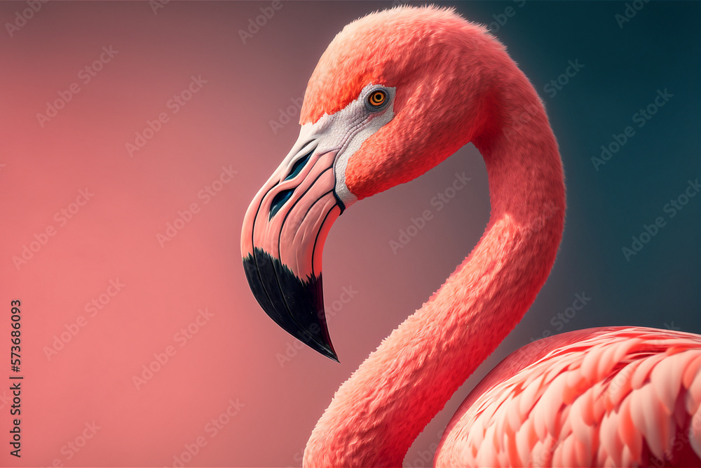Obraz premium Portrait of one pink flamingo bird closeup.