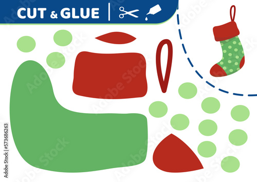 Christmas stocking. Cut and glue. Application work. Paper game. Vector