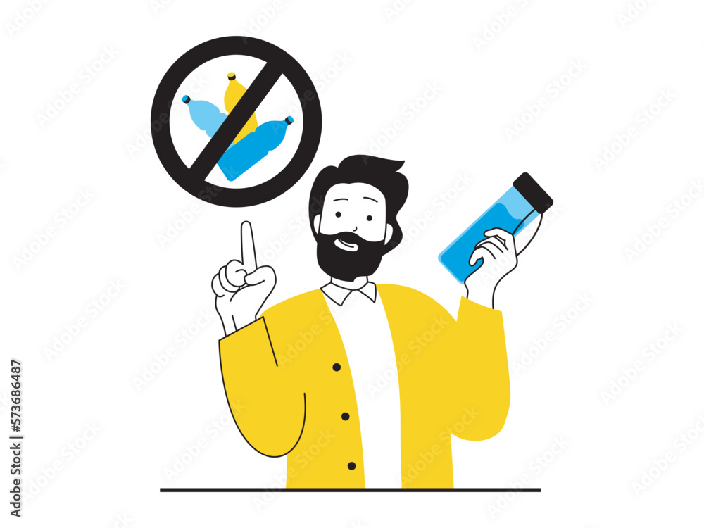 Zero waste concept with character situation. Man refuses plastic and uses glass bottle for drinking water, protecting the environment. Vector illustration with people scene in flat design for web Zero waste concept with character situation. Man refuses plastic and uses glass bottle for drinking water, protecting the environment. Vector illustration with people scene in flat design for web