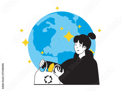 Zero waste concept with character situation. Woman collects, sorts and separates garbage into special recycling bags for cleaning planet. Vector illustration with people scene in flat design for web