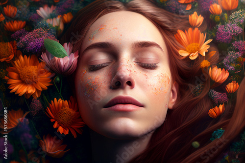 Young white woman with flowers in her hair, lying on flowers enjoying spring, closed eyes, illustration, generative AI