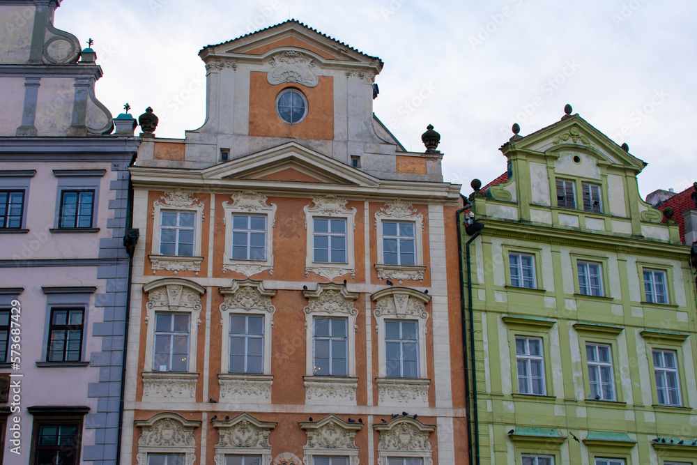 Colourful facade of buildings in Prague, Czech Republic. Red, Green, Blue Houses in Town 