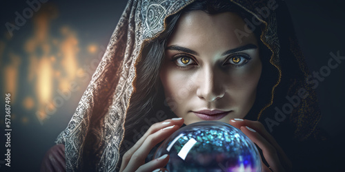 portrait of a woman fortune teller with magic ball. generative AI photo