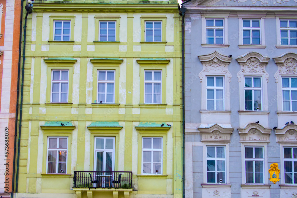 Colourful facade of buildings in Prague, Czech Republic. Red, Green, Blue Houses in Town 